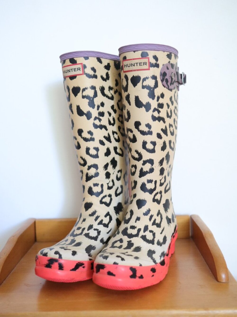 Hunter Original Tall Rain Boots in a beige, pink and black leopard / EU 37 38